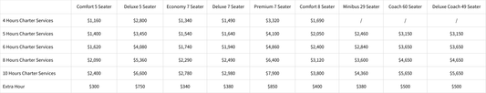 【Price List】Charter Services